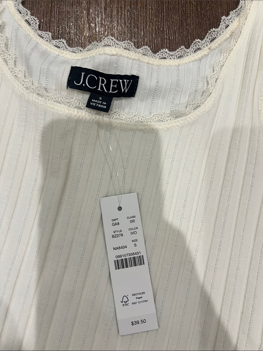 J.Crew Cream Ribbed Lace-Trim Tank Top - Picture 2 of 3